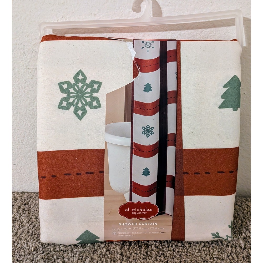 St Nicholas Square Christmas Shower Curtain‎ Snowflakes Trees Fabric 70x70
